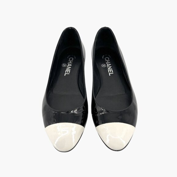 Chanel Cap Toe CC Ballet Flats Size 38.5 US 7.5-8 Black Patent Two Tone Shoes - Picture 3 of 16